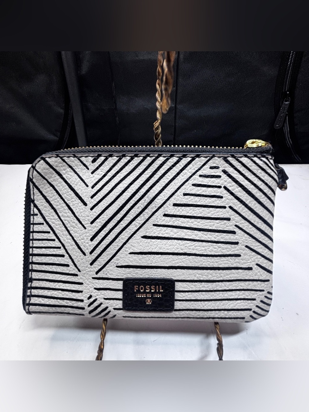 Fossil Wristlet Wallet Black White Geometric Stripe Tassel L-Zip